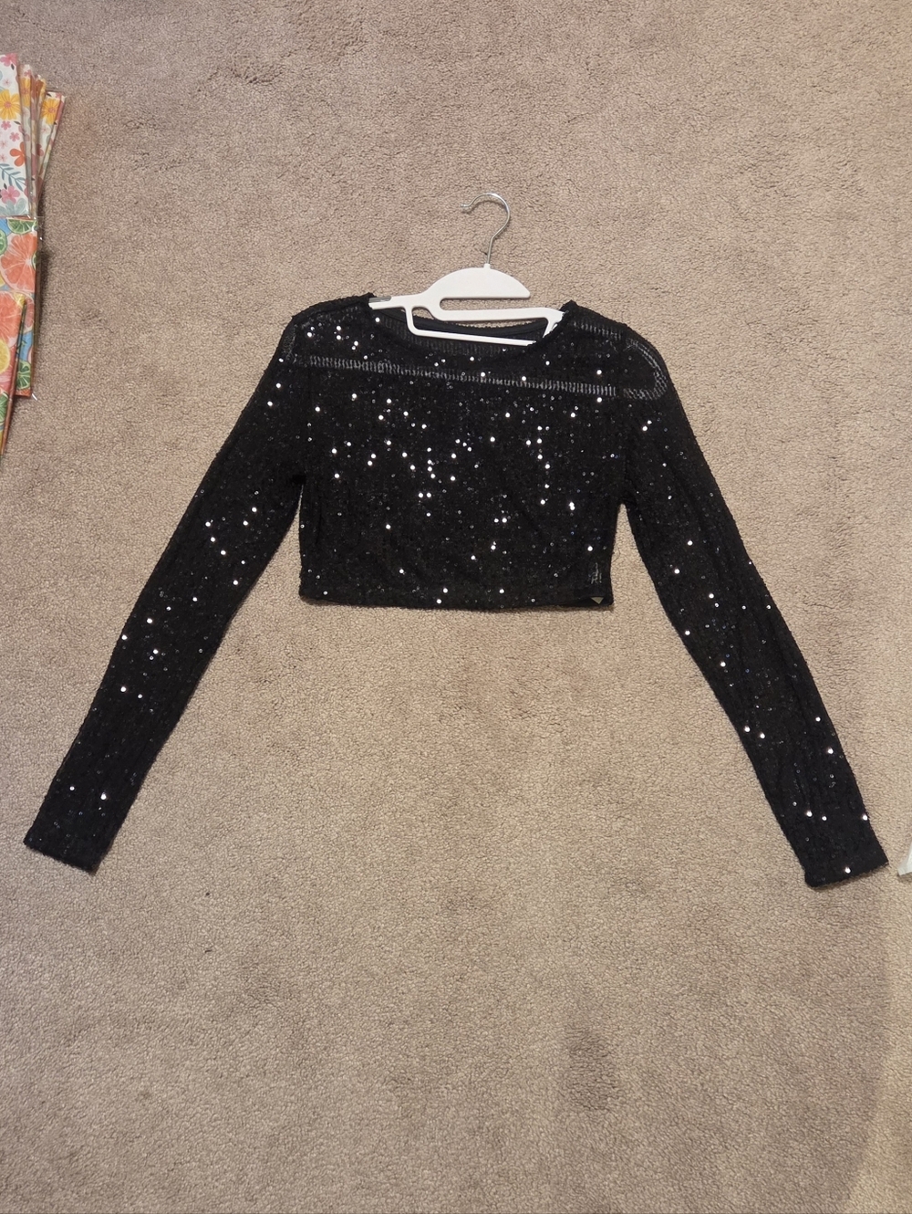 Black Sequin Long Sleeve Crop-Top